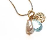 Sky Blue Topaz Necklace Sand Dollar Freshwater Pearl Charm Gold Vermeil Silver 16" Chain