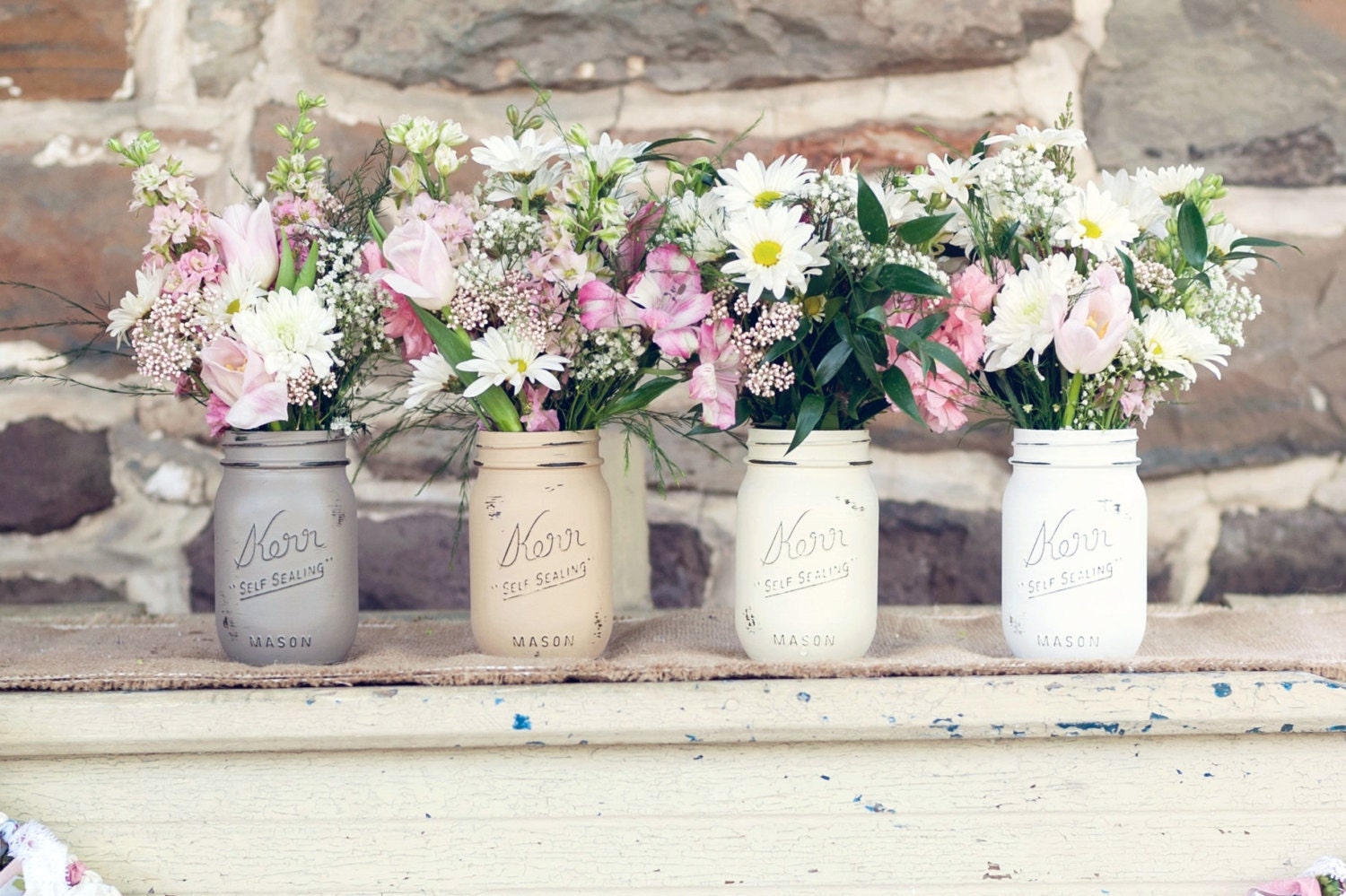 Harvest Pint - Wedding and Home Decor Centerpiece - Painted and Distressed Shabby Chic Mason Jars - Vases
