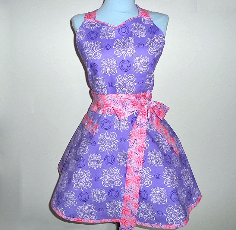 Handmade full bib womens hostess apron-gorgeous designer print in lavender and white with pink-one size fits most
