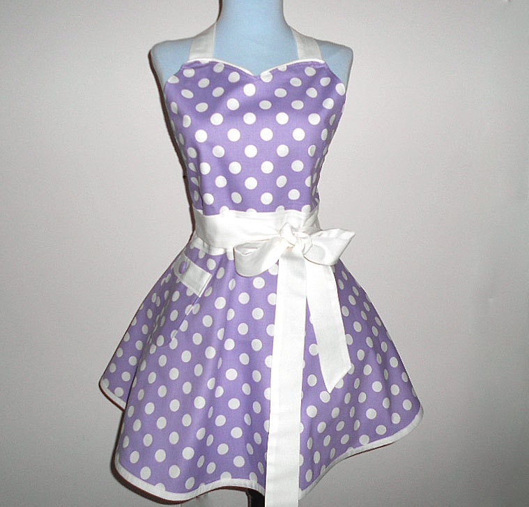 Stylish lavender and white full womens retro polka dot apron with sweetheart neckline-one size fits most