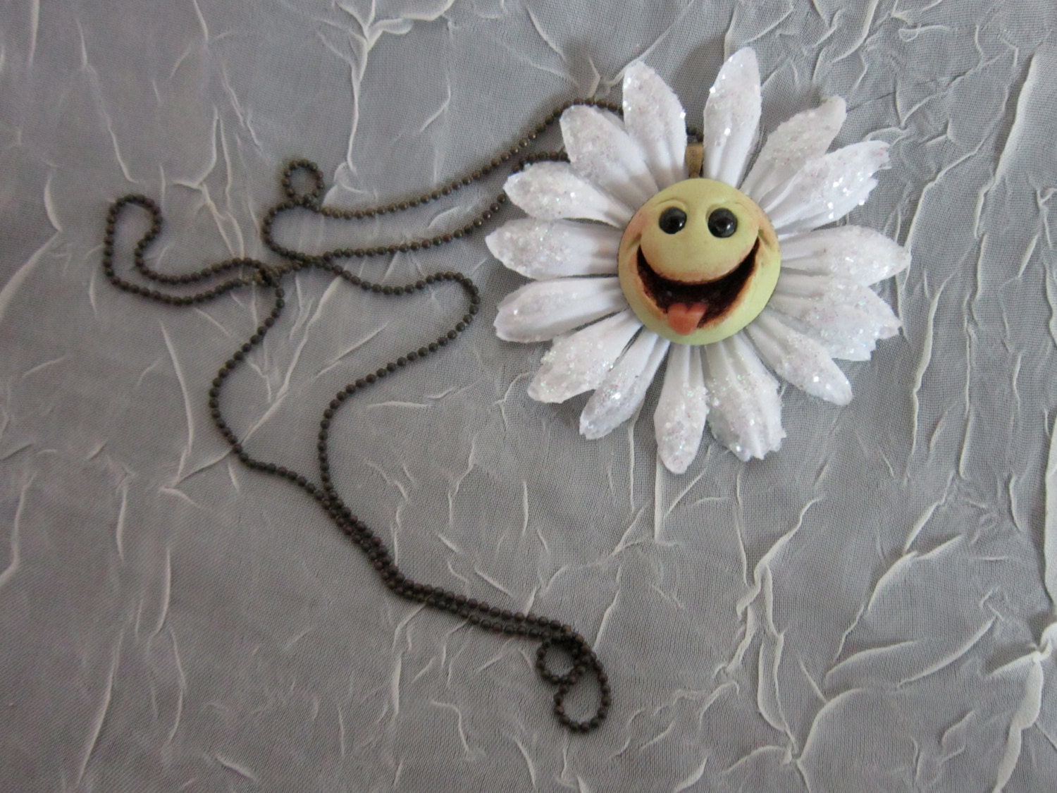 Happy Smiley face ooak flower necklace jewelry art doll sculpture doll polymer clay