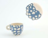Ceramic stoneware cup saucer coffee tea espresso - unique handmade serving decorative textured kitchen pottery morning coffee - blue