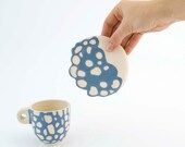 Ceramic stoneware cup saucer coffee tea espresso - unique handmade serving decorative textured kitchen pottery morning coffee - blue