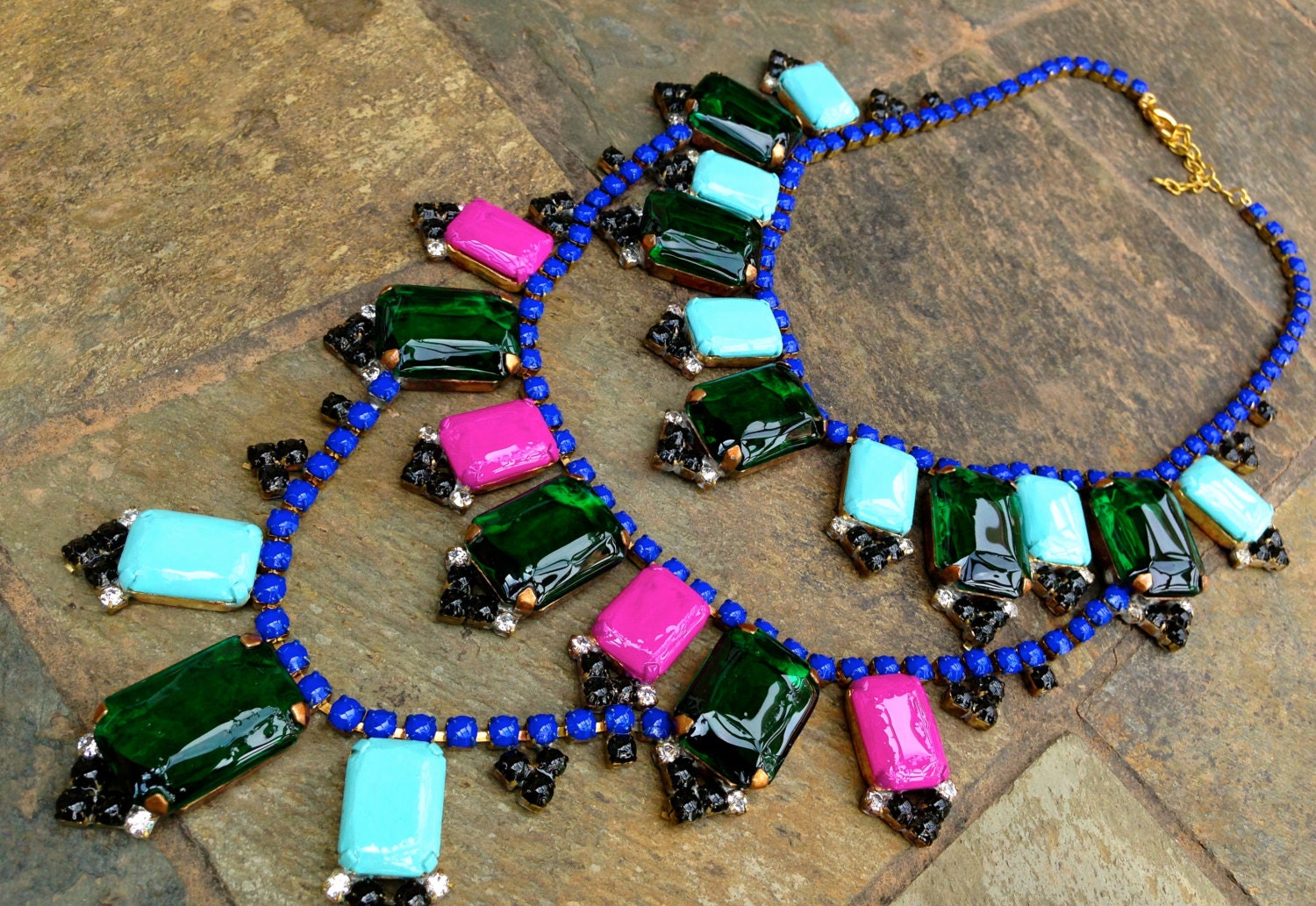 Layered Emerald Green Vintage Hand Painted Rhinestone Statement Necklace
