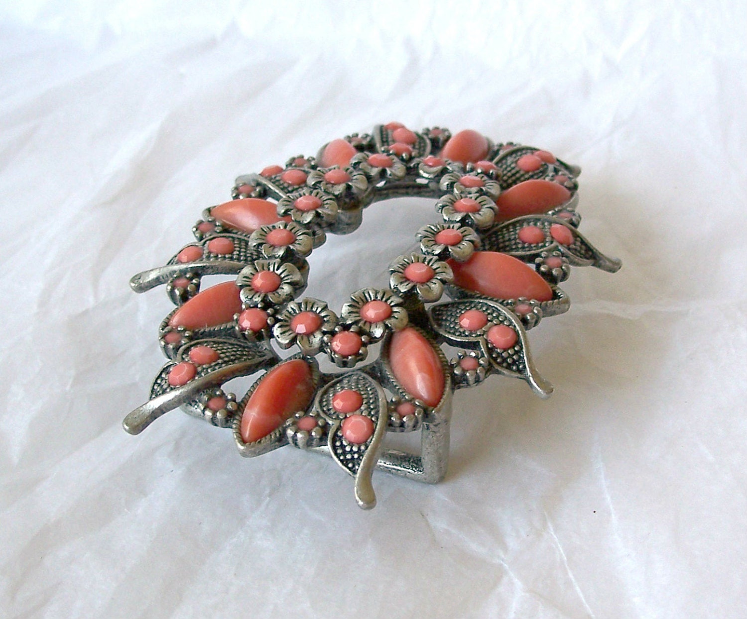 Vintage Buckle Coral colored Accents Antiqued Pewter tone