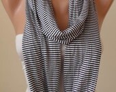 Black and White Striped Infinty Scarf  - Circle -  Loop Scarf - Combed Cotton Fabric