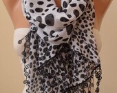 Black and White Scarf - Silk/Chiffon Scarf with Black Trim Edge