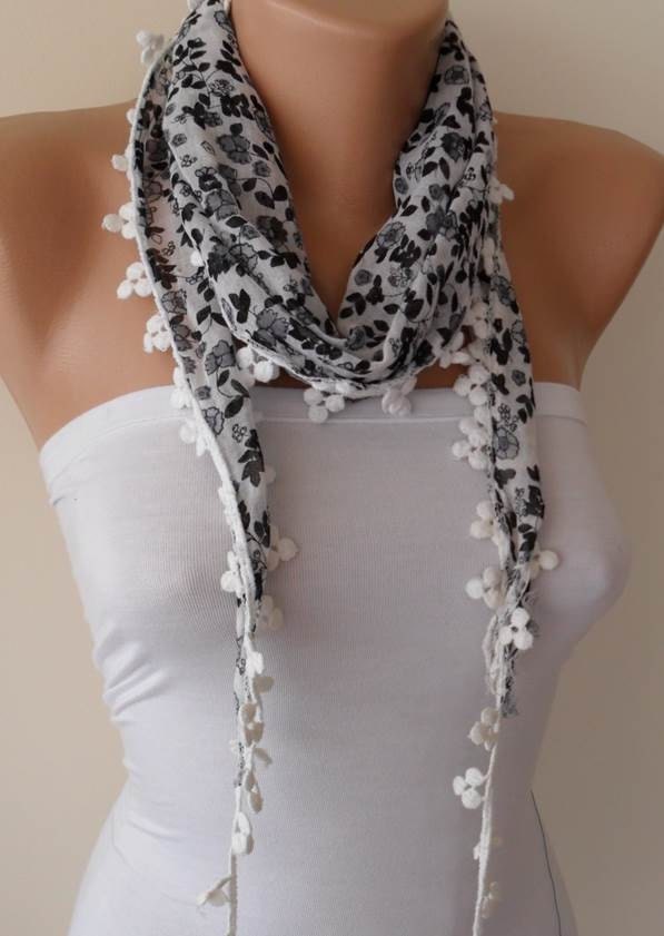 White and Gray Scarf with pompom edge - Headband - Summer Scarf  - Thin and Lightweight Scarf