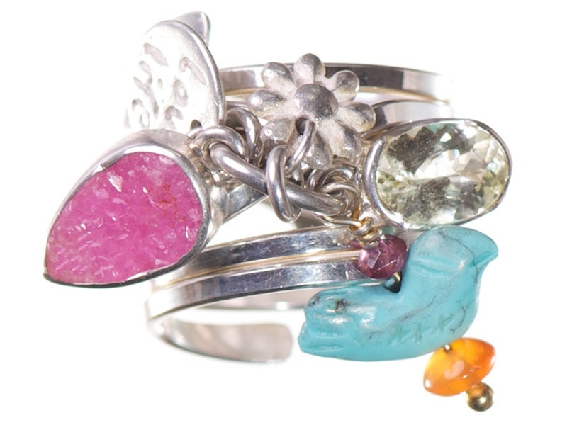 Wrapped Silverring with Turquoise Birdie and Beryl
