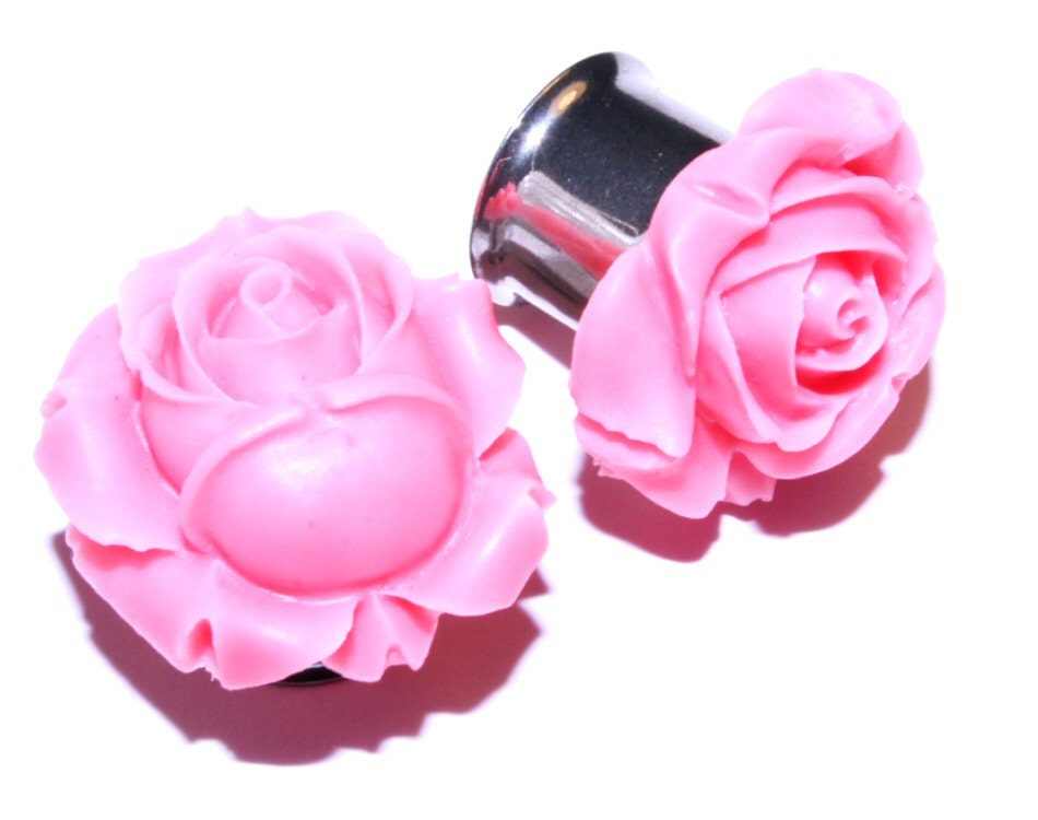 9/16" inch (14mm) Ear Plugs Jewelry Pink Rose Flowers Floral Cute Gauges Earrings for Stretched Ear Piercings (Steel, double-flared)