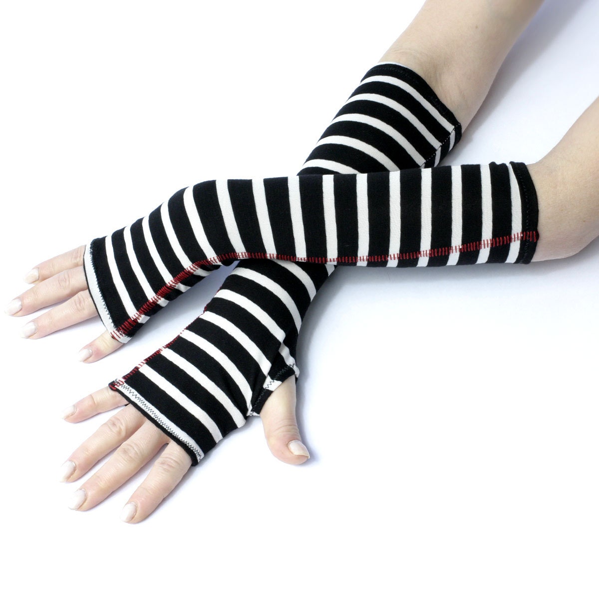 Cozy Black And White Striped Fingerless Gloves By Wearmeup