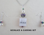 Scrabble Jewelry - Pendant Earring Set - Paris - Eiffel Tower - French - With Bling - Art Necklace - Charm - 16 1/2" Chain