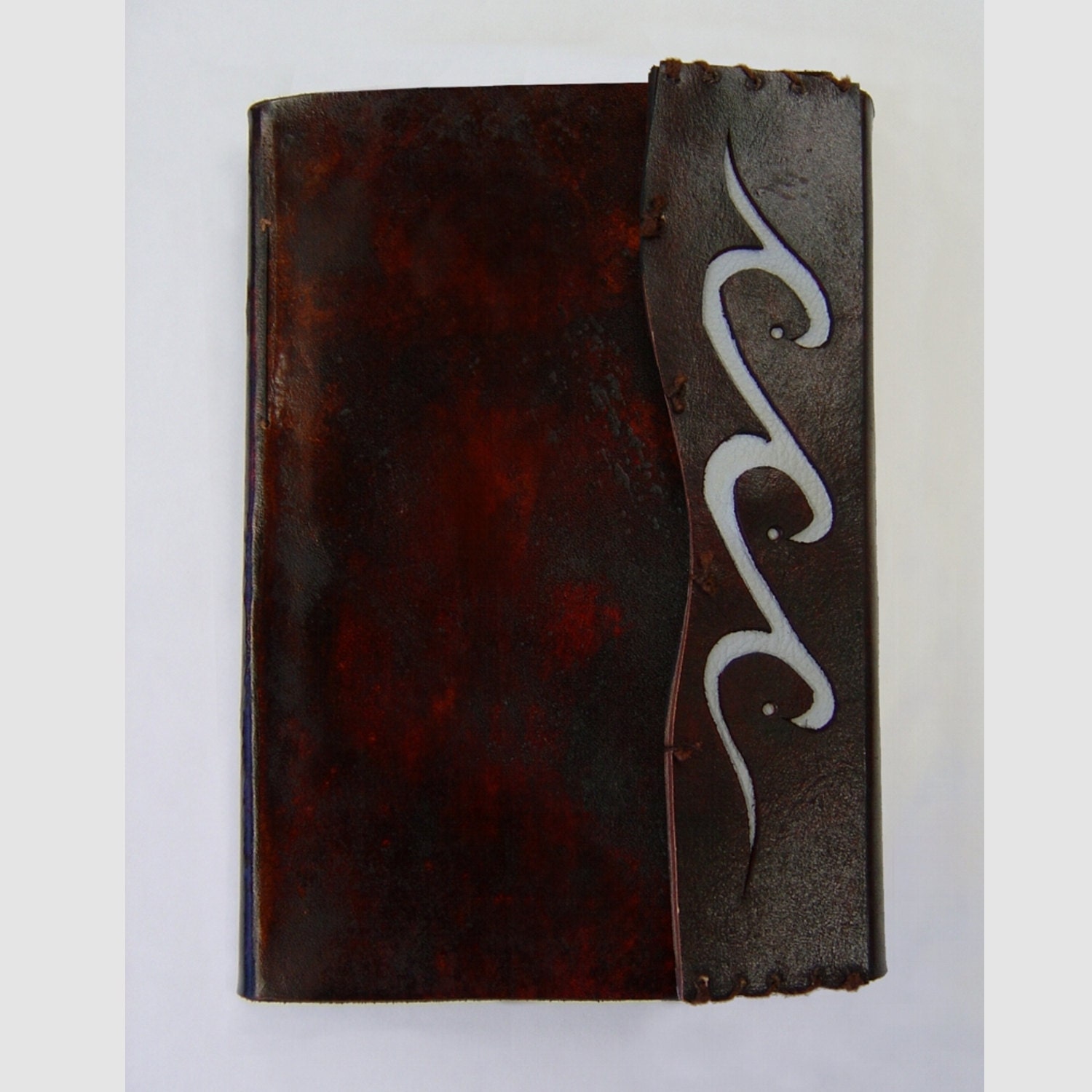 Refillable Leather Notebook with Wave Design - Warm Brown, Hand-Sewn, Distressed Leather, Organizer, Note Pad