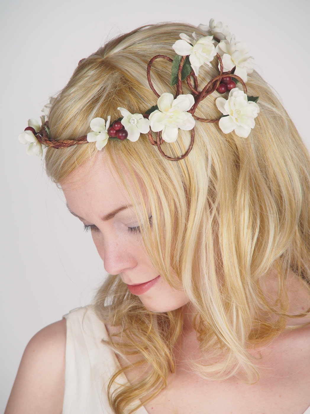 Flower Hair Wreath - Floral Wedding Crown - Woodland Wedding Flower Head Piece - Ivory Flowers & Twisting Vines