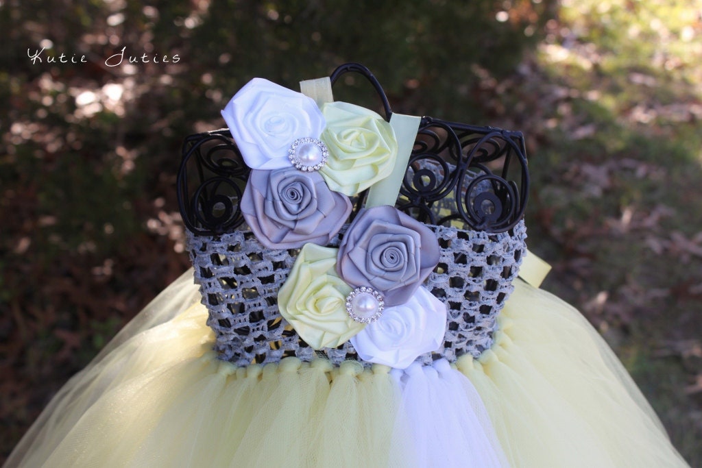 The Riley Tutu Dress &  Headband- Yellow, Silver/ Gray, White, flower girl, pageant, satin flowers, wedding, easter, infant, baby, toddler