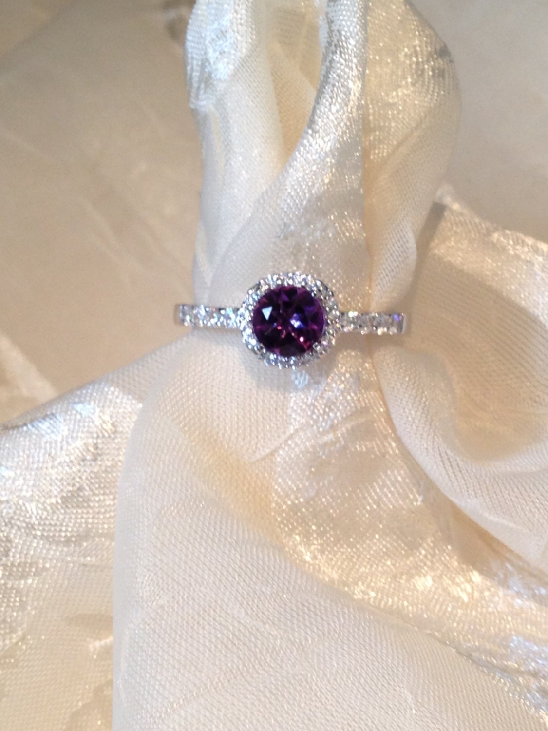 Amethyst Solitaire Ring in Halo Setting Engagement Ring White Zircon Sterling Silver & White Gold