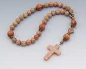 Christian Prayer Chaplet, Mini Rosary, Jasper Gemstone with Wood, Brown, Orange, Green