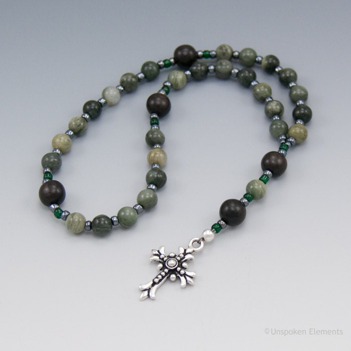 Anglican Prayer Beads, Jasper and Natural Wood, Christian Rosary, Green, Dark Brown, Silver