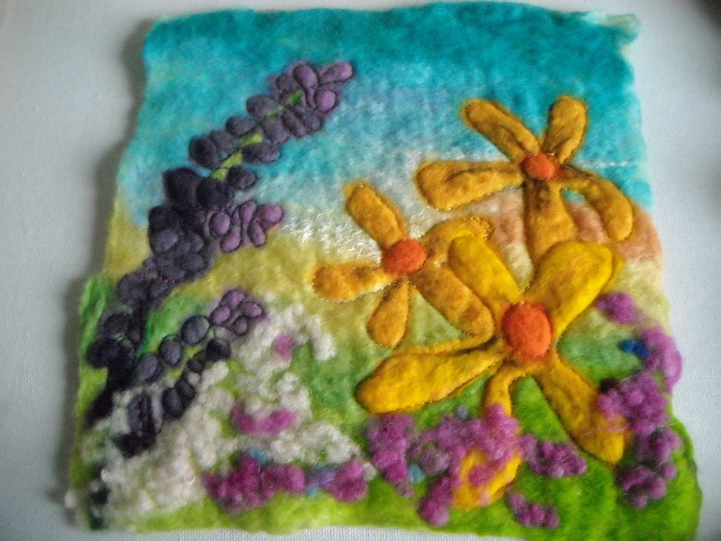 art flower picture, wet felted fiber art