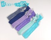6 pcs Elastic Hair Tie - Navy, Lavender and Aqua Chevron, Lavender, Turquoise and Ocean Blue -  Easter/Spring/Summer - Toddler to Adult