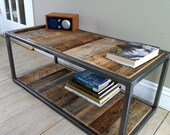 Modern industrial wood & steel bricklayer's style coffee table featuring reclaimed barnwood, 18" x 40"