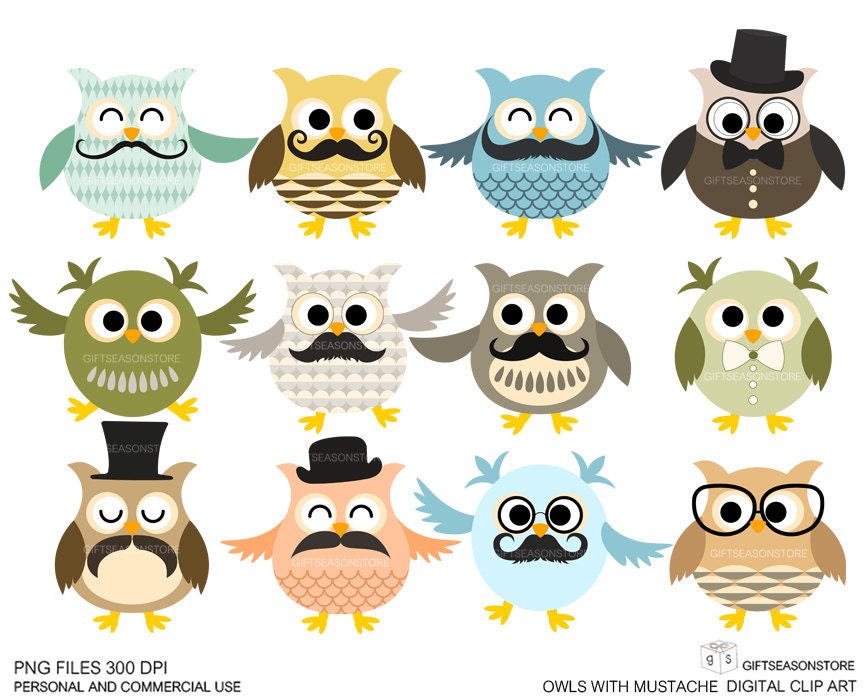 12 Owls with mustache Digital clip art for Personal and Commercial use - INSTANT DOWNLOAD