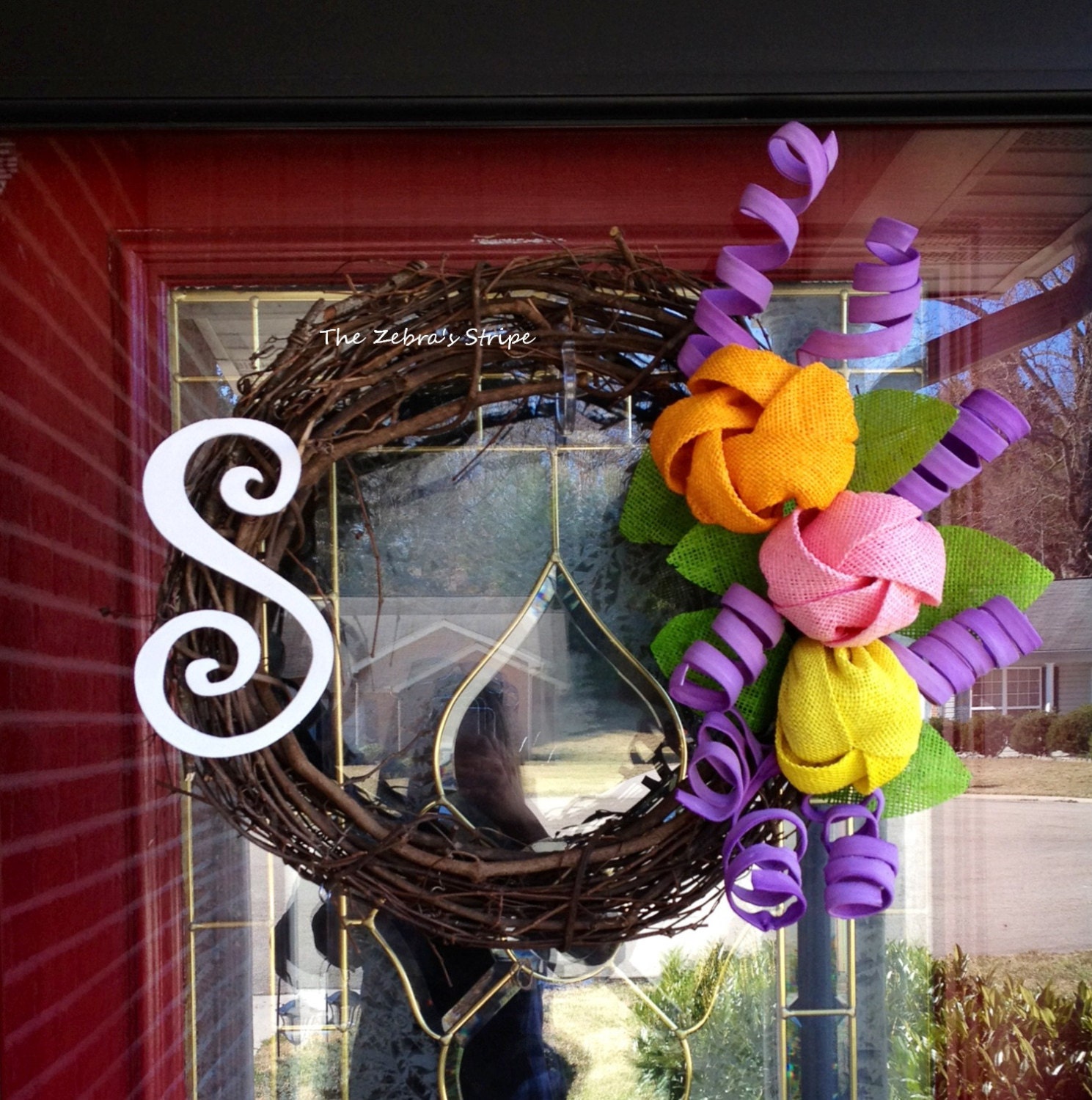 Orange, Pink, Yellow, and Purple Grapevine Initial Spring Wreath