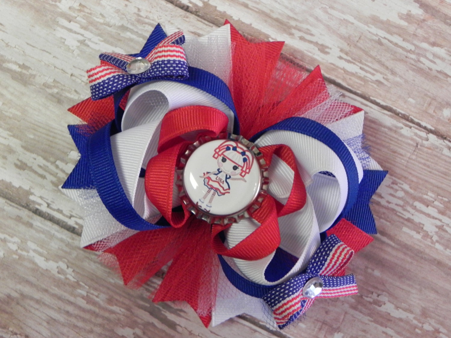 Fourth 4th of July Lalaloopsy Boutique Layered Tulle Bottle Cap Hair Bow - OTT over the top - Red, White, & Blue - by sweetteabowtique