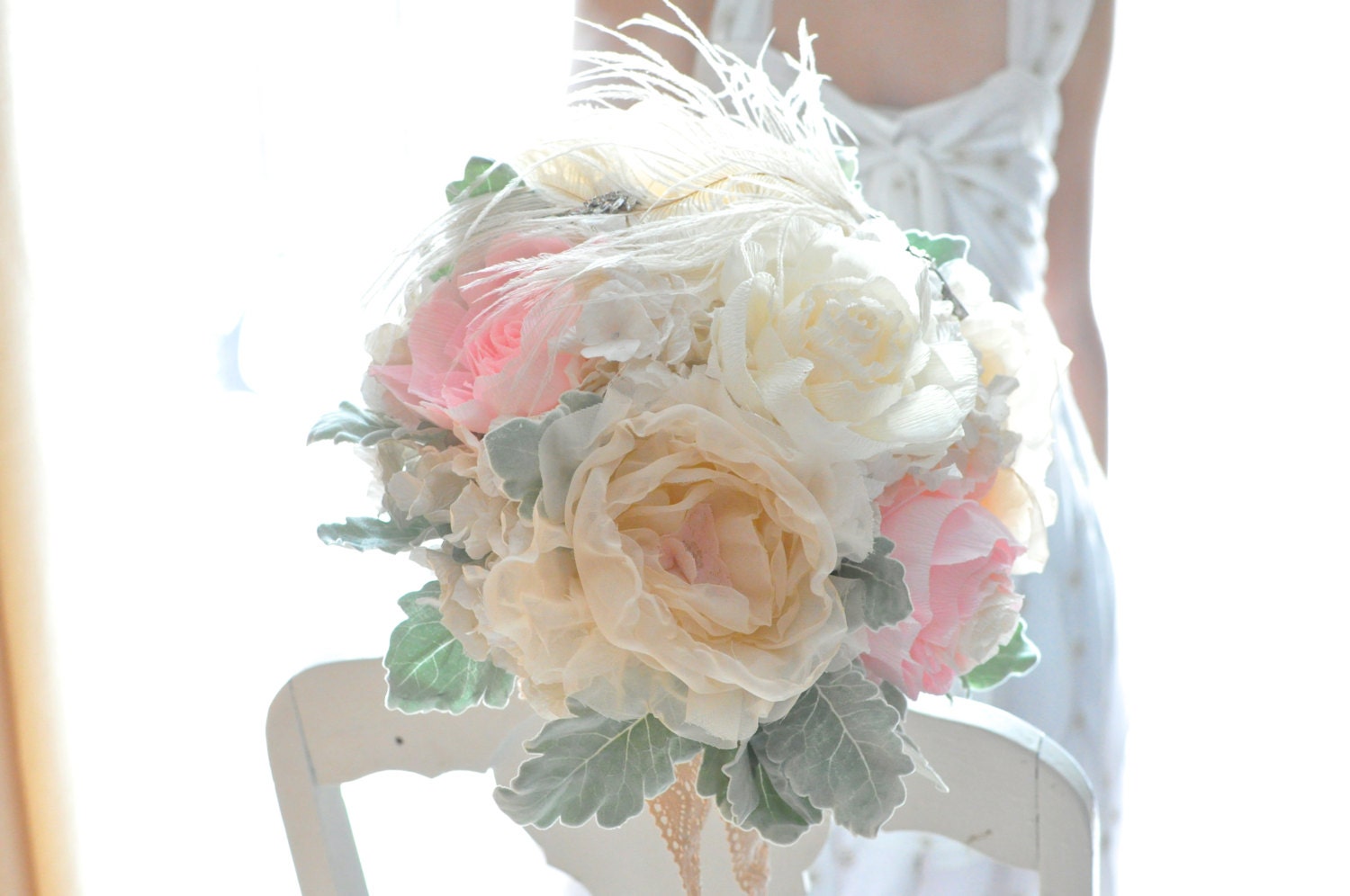 Erika Custom order, Peach, shabby and chic paper flower wedding bouquet, READY TO SHIP, gray green dusty miller