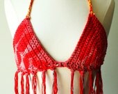 crochet bikini top with fringe in RED. hand dyed palm optional. made to order in your size. festival ready swim approved