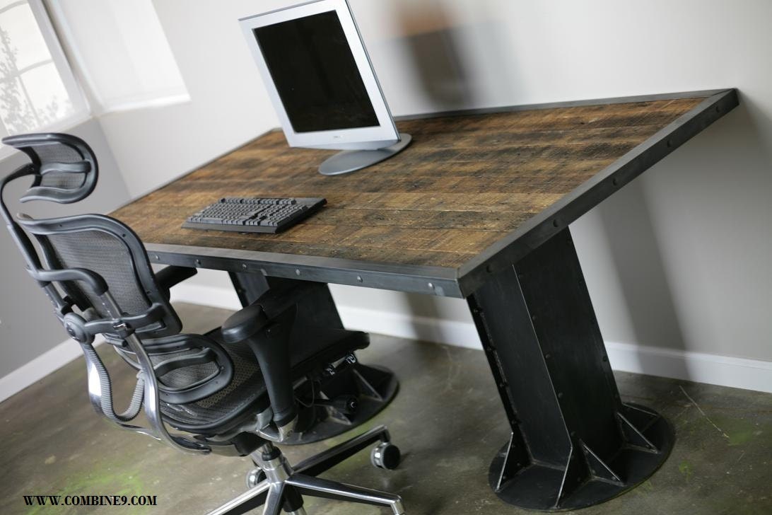 Electric SIT/STAND Desk. Vintage Industrial Table. Steel I-beams, rivets, and reclaimed wood top. Great for urban/Modern/loft decor.