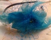 Feather & Hydrangea Petal Headband with birdcage veil - Swarovski crystals - Turquoise - Custom Colors - Wedding, Bridesmaid, Girls, Women,