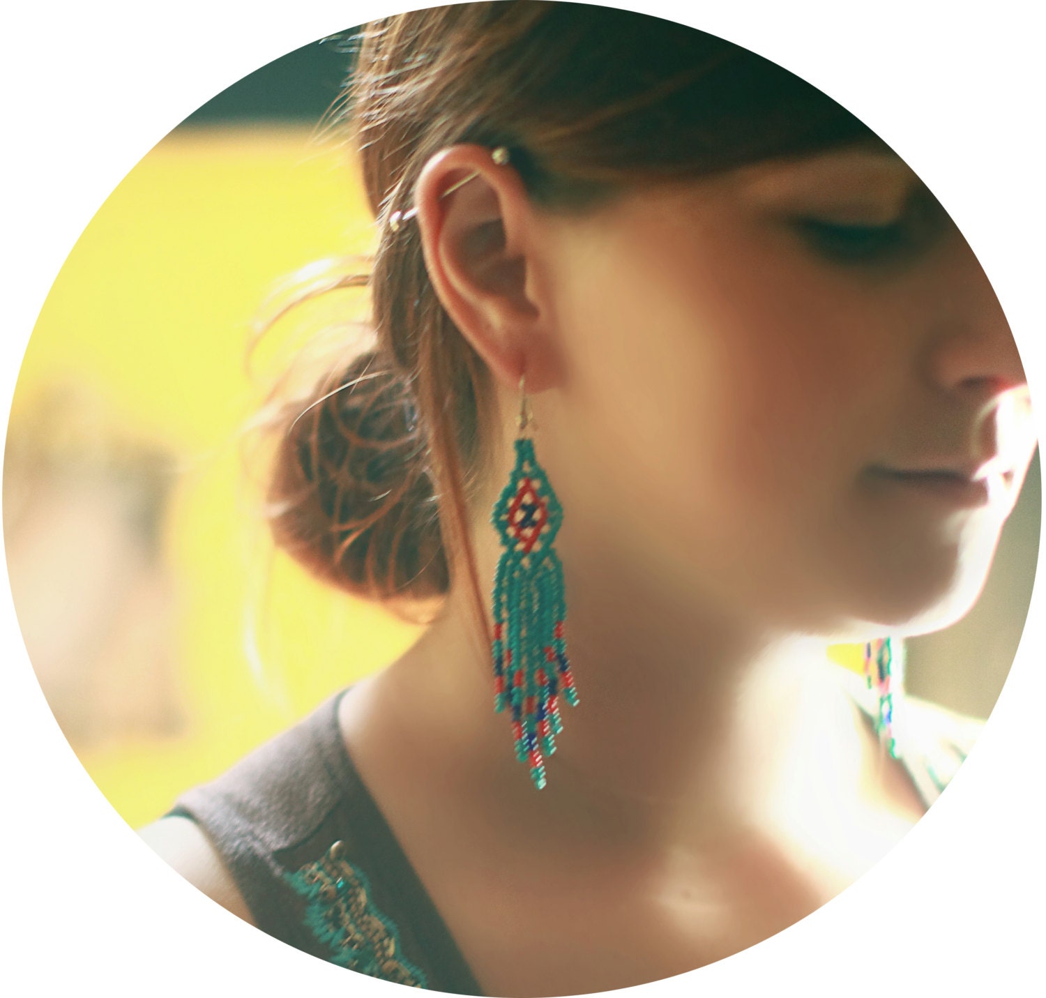 Fringe Beaded Earrings - Native Azure - Long - Handmade