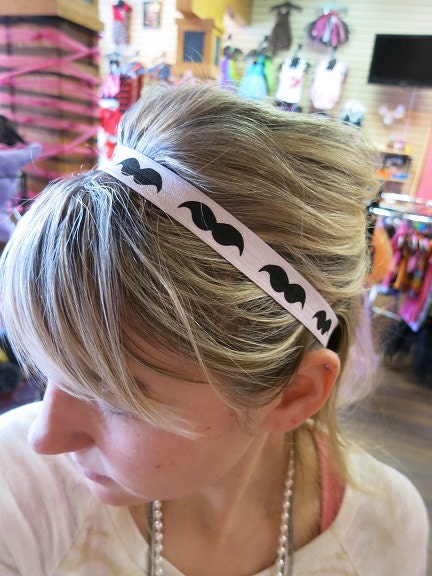 Stretchy headbands - Set of Two - Printed Elastic - Mustache headband - Elastic Headbands - Black and White - FOE - Great for Any Age