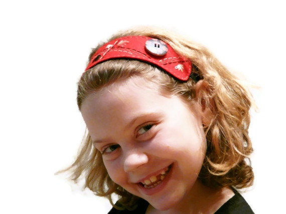 Felt headband Hand embroidered Red black wool with flowers and button