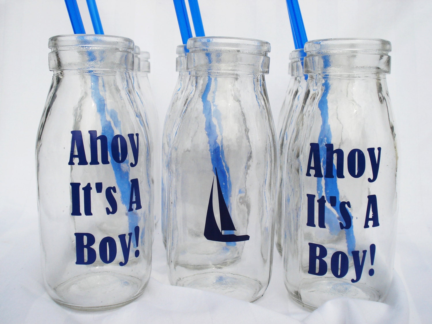 BOY BABY Shower Milk Bottle Drink Ahoy It's a Boy Nautical Party Drinks with BLUE straws (12)  Dozen Custom Milk Bottles - bittersweetlemonade