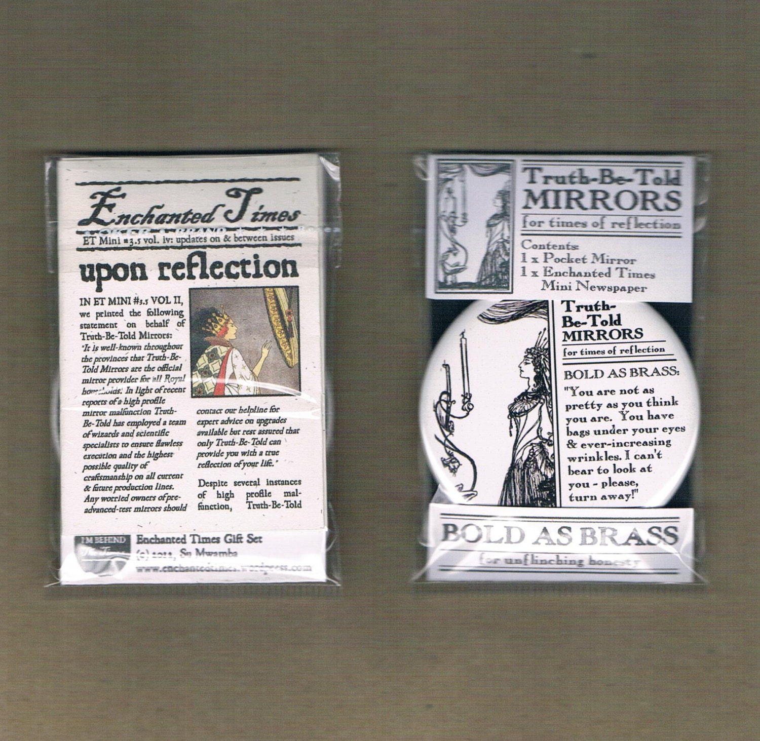 BOLD AS BRASS Gift Set - Truth-Be-Told pocket mirror &miniature newspaper - Snow White fairy tale
