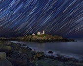 Starry Night Photo Print Nubble Lighthouse Star Trails Long Exposure Seascape Rocks Beach Art Maine Coast Wall Art Home Decor Stars