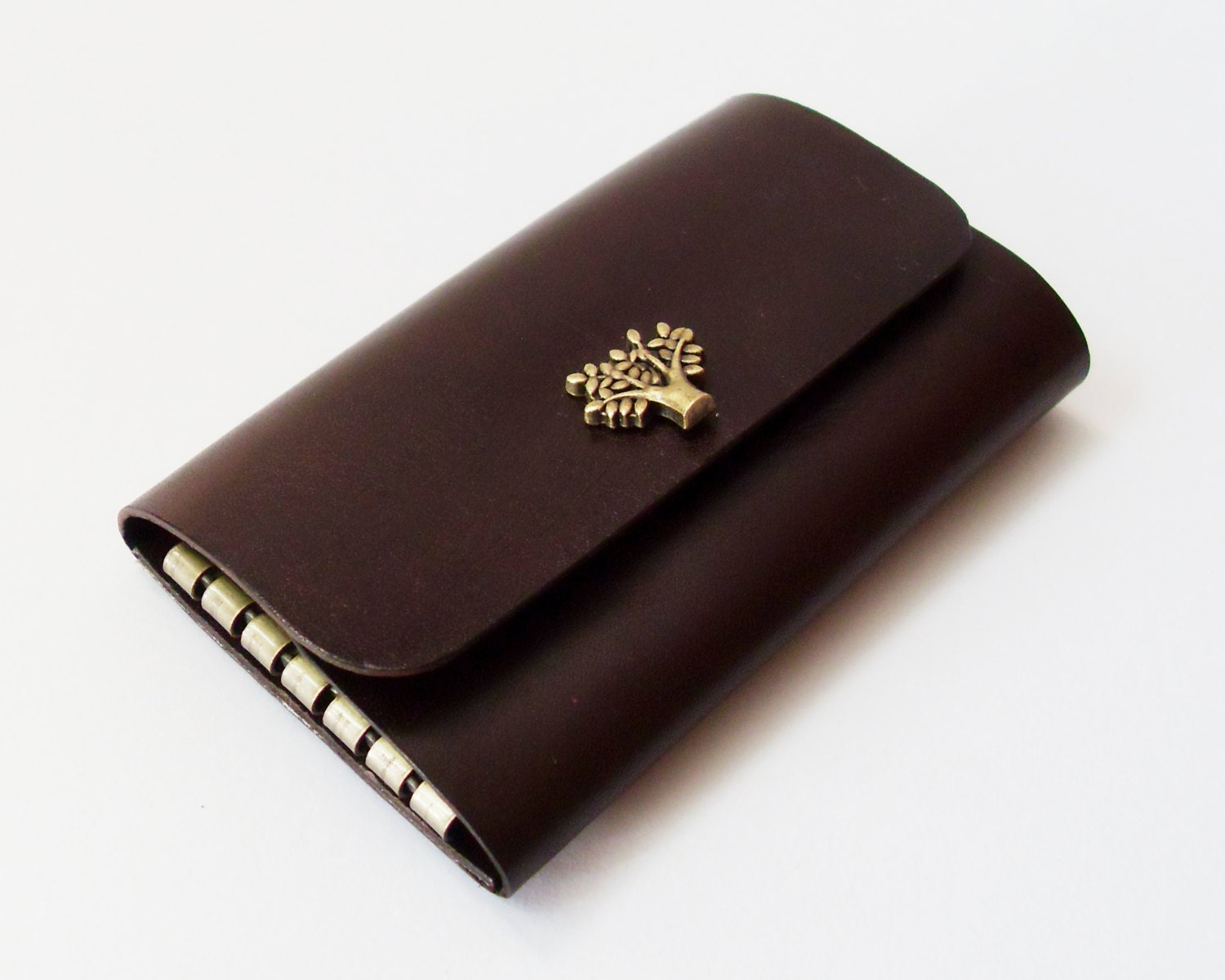 Leather Key Holder - Leather Key Case in Dark Brown with Tree Button - Gift for Men - Handmade and Hand Stitched - Free Monogram