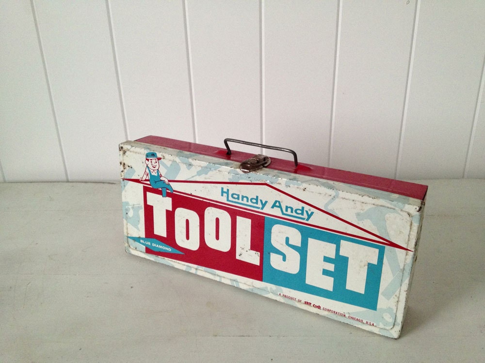 hammer away...handy andy vintage toy tin tool box with tools 1960s