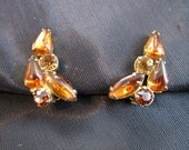 Amber Earrings Brown Rhinestone and Cabochon Vintage Clip on Earrings