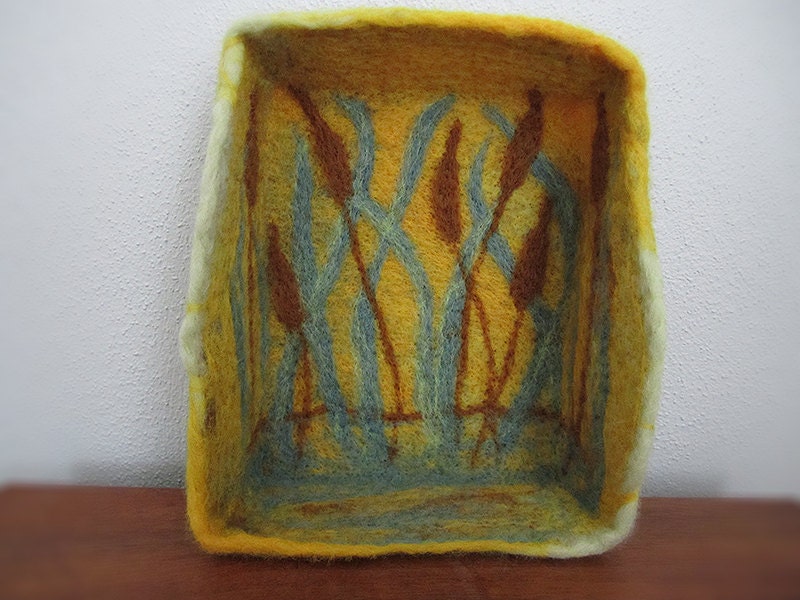 Felt Bowl, Wool Fiber Art Bowl, Needle Felted Cattails, Decorative Bowl, Botanical Fiber Art, Woodland Soft Sculpture