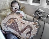 white, cream, brown, yellow, stone mosaic on stone, home decor, art, fish roman mosaic