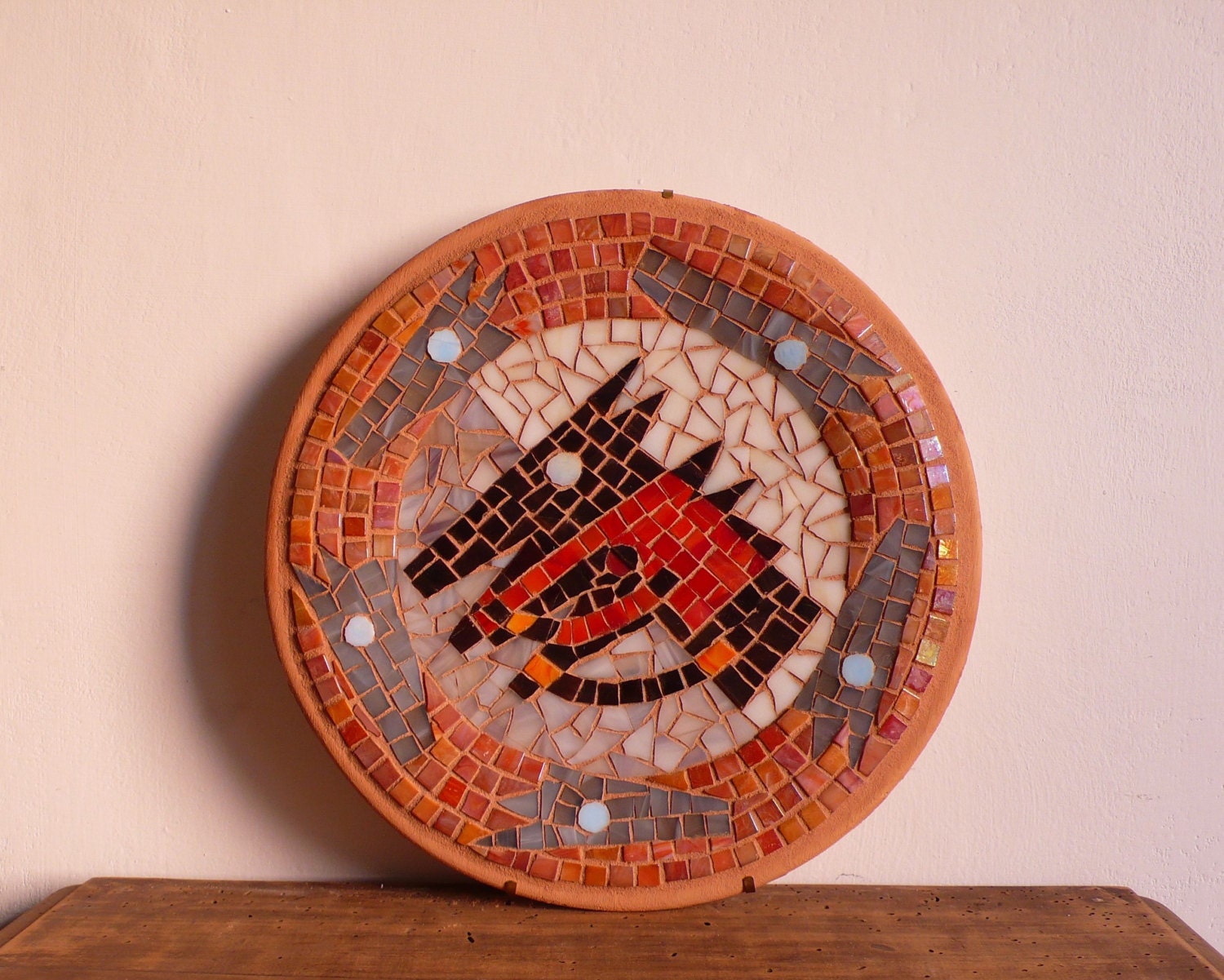red, black, grey, art glass mosaic on plate - Cavalli Fiammanti - art futurisme, nature, wild, horse