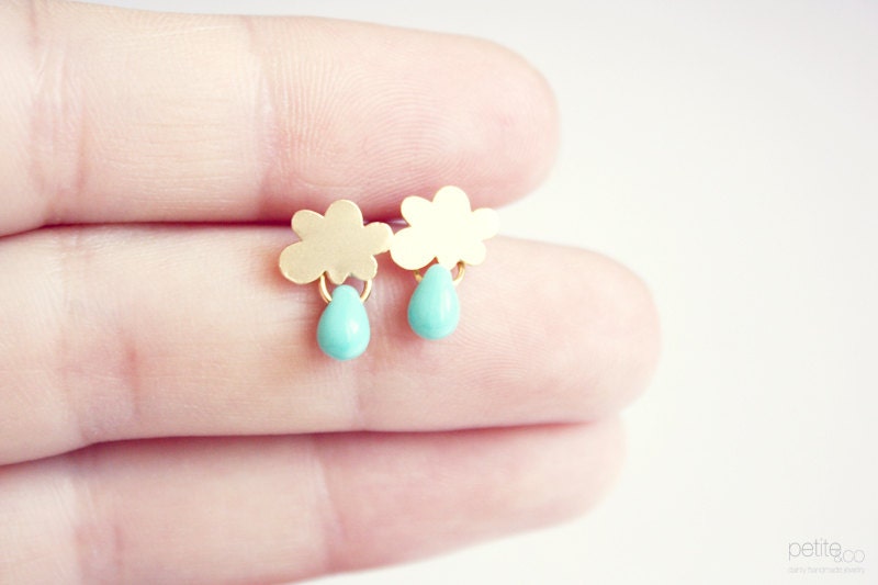 rain -  tiny cloud and turquoise drop earring studs  - dainty jewelry GOLD or SILVER