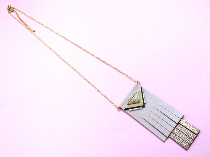 Kephren Necklace beige, graphic necklace, fringed leather, triangles and embroided pearls