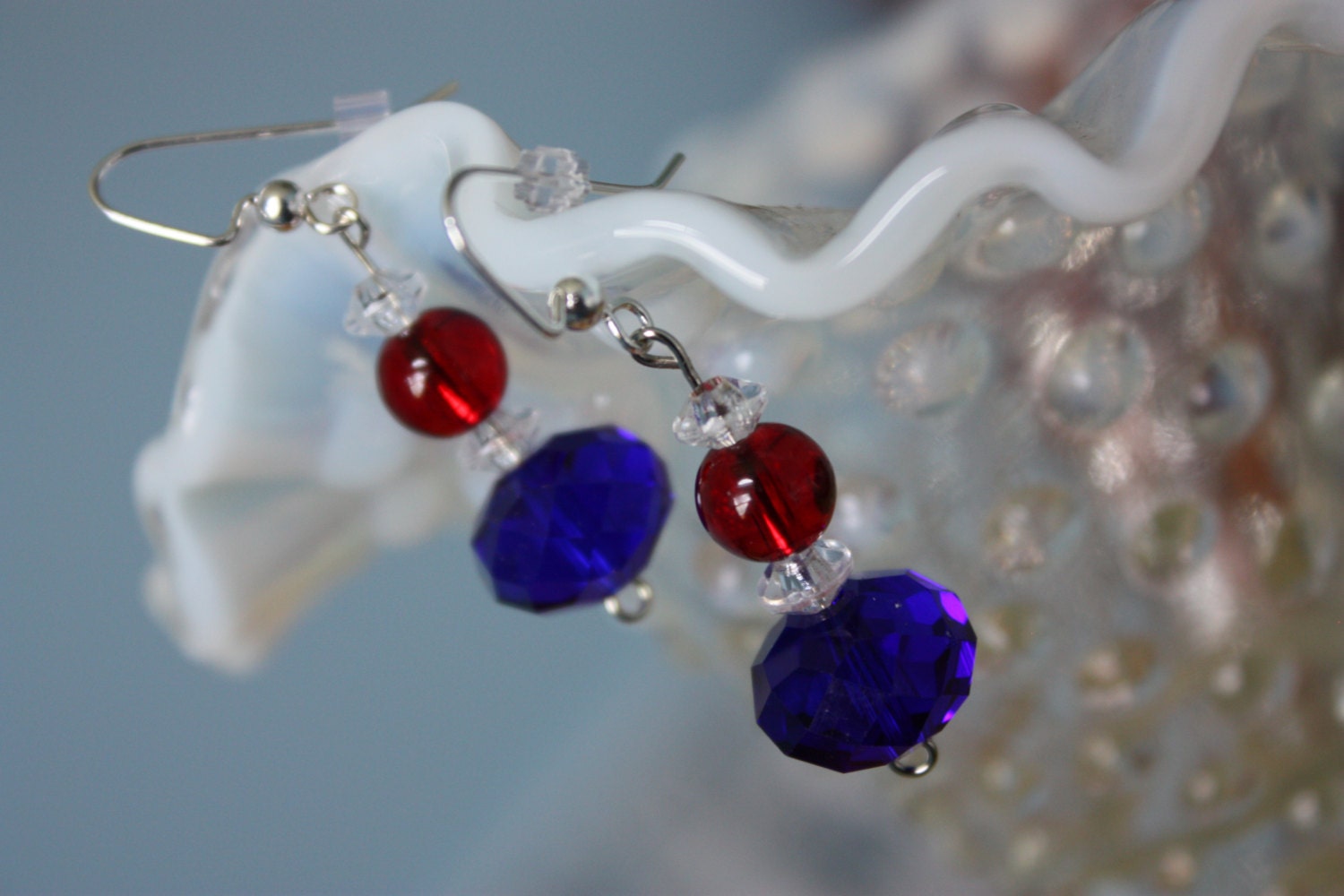 Red, Clear and Coblat Blue Crystal Beaded Earrings