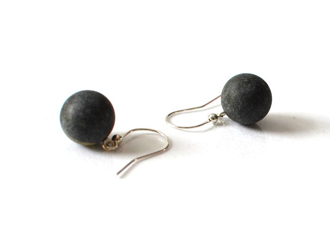 Black Amber Earrings Simple Baltic Amber Ball Earrings Modern Gemstone Earrings - KARUBA