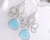 Aqua Blue Bridesmaid Earrings - Chandalier Earrings - Tiara Swirl - Sterling Silver Earwires - Wedding, Bridesmaid Jewelry