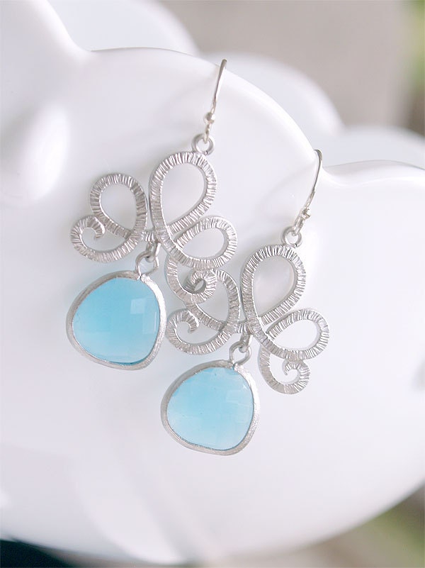Aqua Blue Bridesmaid Earrings - Chandalier Earrings - Tiara Swirl - Sterling Silver Earwires - Wedding, Bridesmaid Jewelry